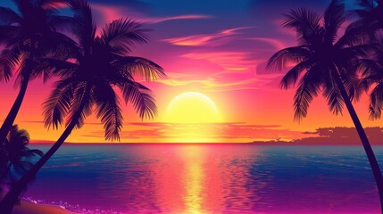 Bright sunset over a tropical sea with palm tree silhouettes and a peaceful beach horizon.