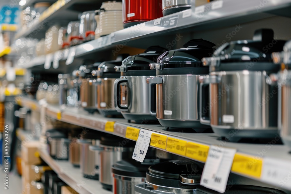 Poster a store shelf filled with various types of pots and pans for cooking