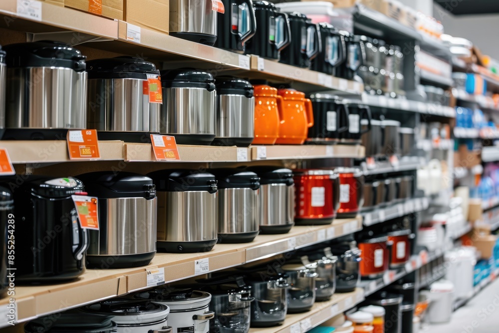 Poster a store shelf filled with various coffee mugs, perfect for capturing the attention of customers or i