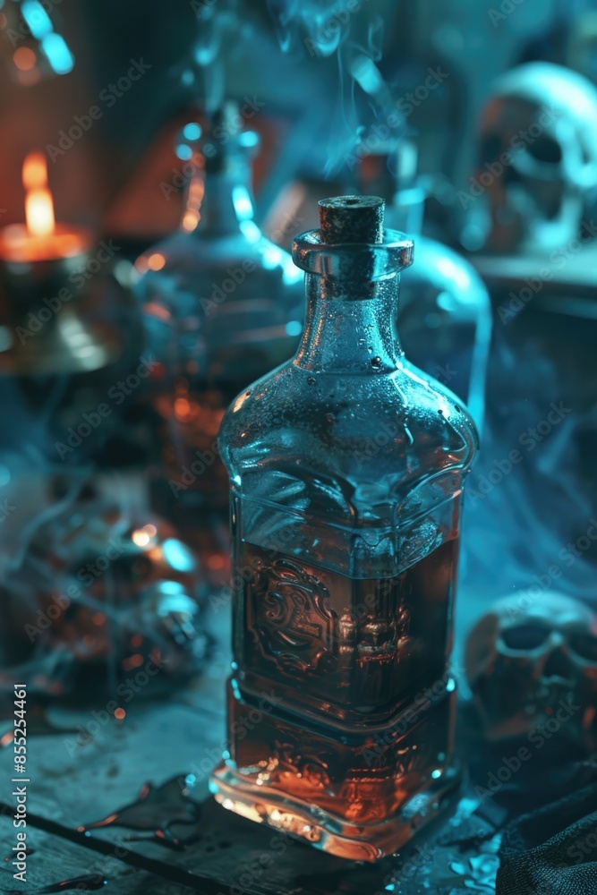 Poster a bottle of liquor sits on top of a wooden table, with no other objects or distractions in the frame