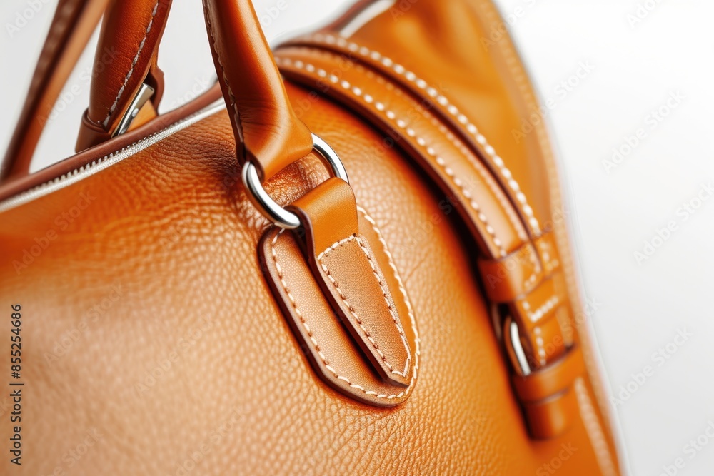Poster high-quality photo of a brown leather bag from a front view, showing the texture and stitching
