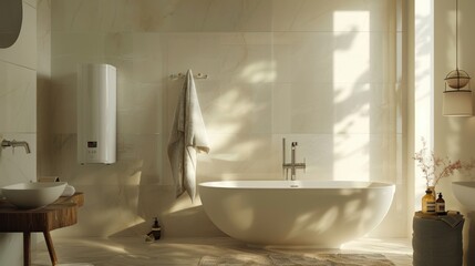 A white bath tub sitting under a window next to a sink