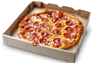 A Freshly Baked Pepperoni Pizza in a Cardboard Box Ready for Delivery