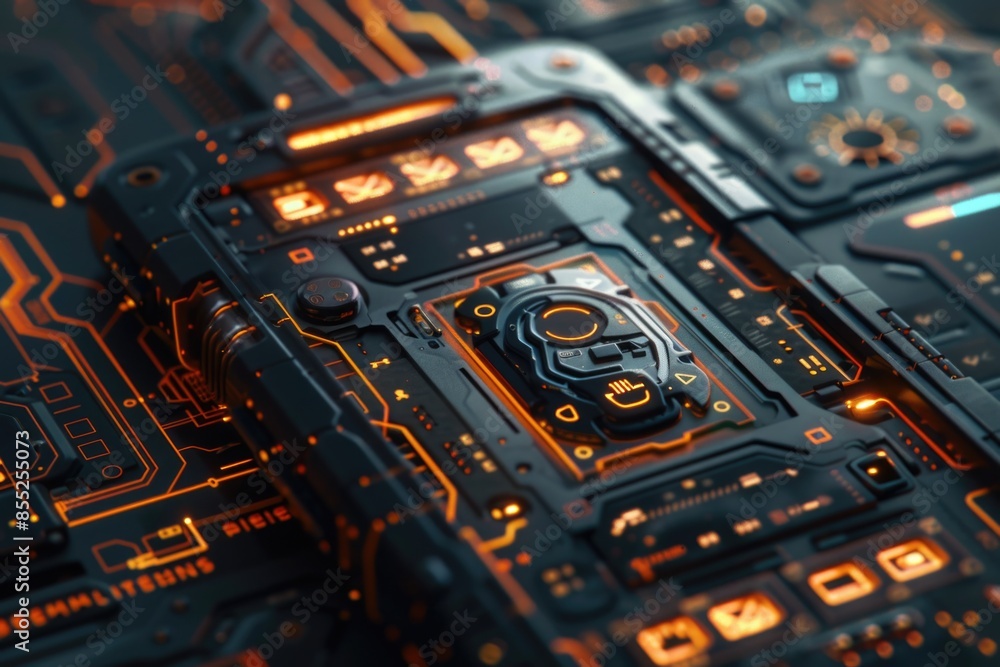 Poster a detailed view of a computer's main circuit board, ideal for tech-related illustrations or educatio