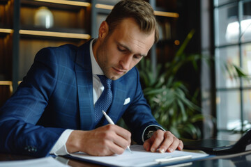 Signing agreement, contract. Young man in elegant suit fill financial documents, sign agreement, contract, insurance, investment contract, loan application and mortgage agreement