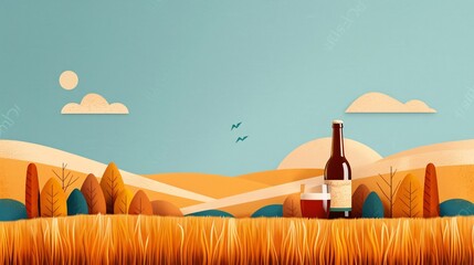 Illustration of Beer Bottle and Pint Glass in Countryside Landscape
