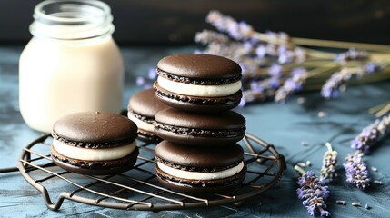   A tray of cookies on a metallic stand, beside a glass of milk and aromatic lavender on a table