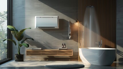 Fototapeta premium A white bathtub situated next to a window, with natural light pouring in