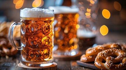 Beer mugs with pretzels on a wooden table