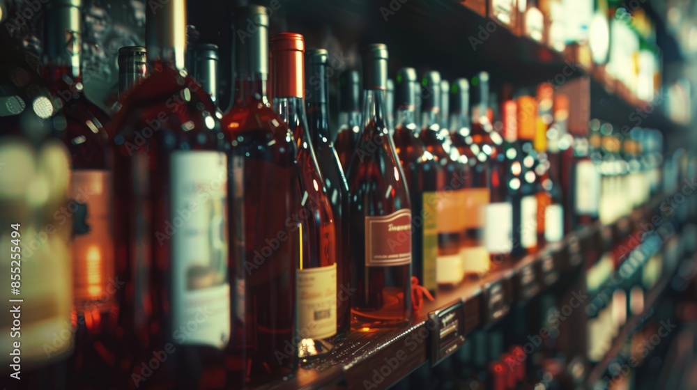 Poster A collection of wine bottles displayed on a shelf, great for use in food and beverage related contexts