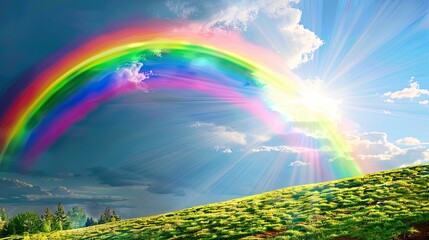 Bright rainbow over springtime countryside