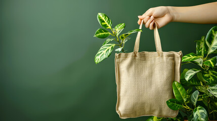 Hand Holding Shopping Fabric Bag   For International Plastic Bag Free Day With Green Plants  Against Empty Gradient  Background