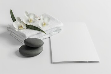 Serene Spa Still Life With White Orchids, Stones, and a Folded Towel