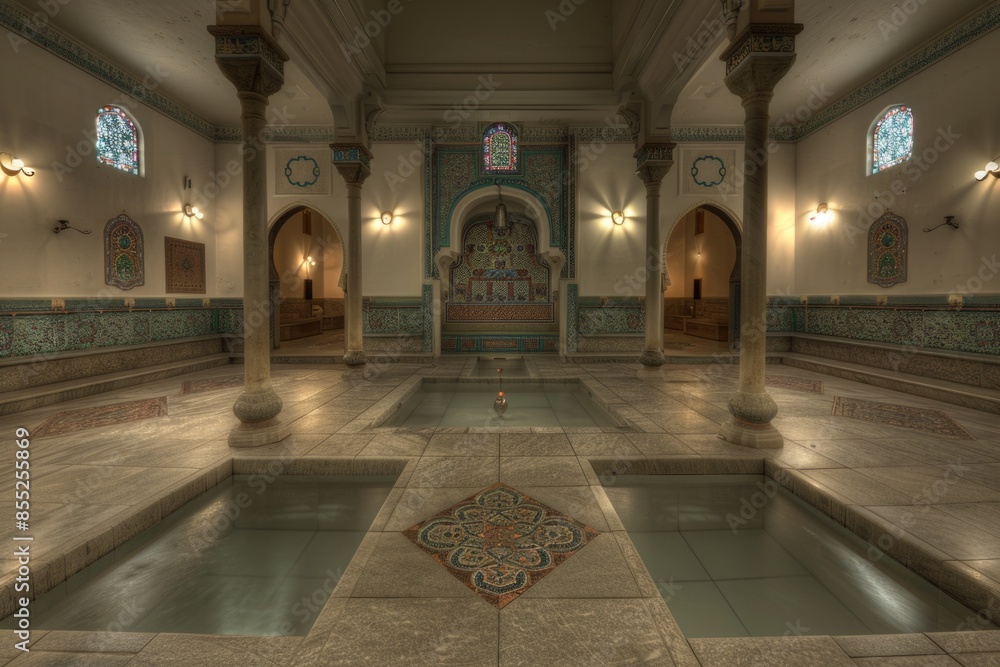 Poster a large room with an indoor pool in the middle, perfect for relaxation and recreation