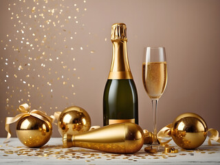 Celebration background with a golden champagne bottle, confetti stars, and party streamers. Christmas, birthday, or wedding concept. Flat lay design
