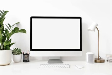 Fototapeta premium A Minimalist Workspace With a Blank Computer Screen, Ready for Inspiration