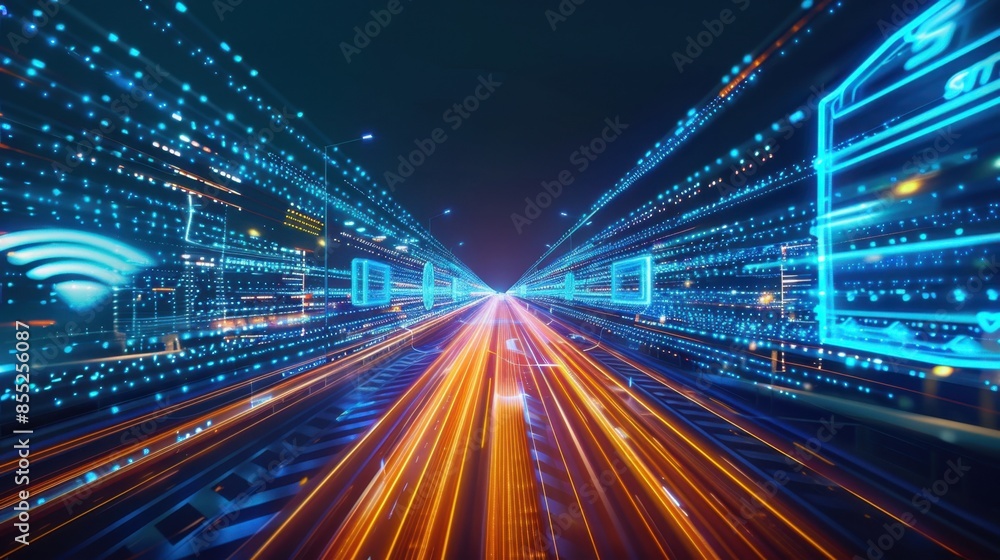 Poster an abstract depiction of a highway with bright orange light trails representing the speed of digital
