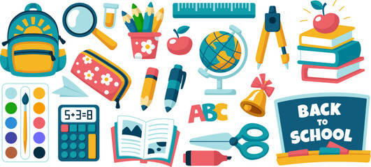Children's school elements vector flat collection. Backpack, stationery, textbooks and notebooks. White background.