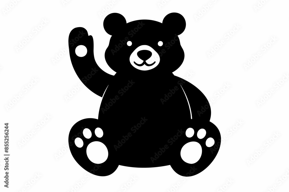 Wall mural Black silhouette of sitting and waving toy bear isolated on a white background. Cute baby plush bear. Concept of kids toys, childhood, fun, game, playtime, minimalist design - Wall murals