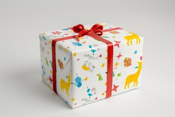A Festive Gift Wrapped In Whimsical Giraffe And Bird Pattern