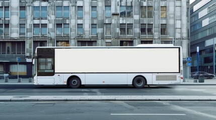 A white bus is parked on a city street