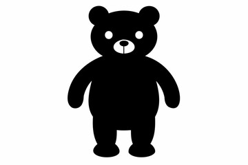 Black silhouette of a toy bear standing on a white background. Cute baby plush bear. Concept of kids toys, childhood, fun, game, playtime, minimalist design. Print, icon, design element. Graphic art
