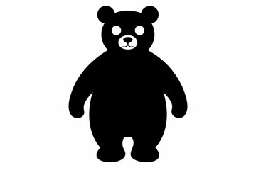 Black silhouette of a toy bear standing on a white background. Cute baby plush bear. Concept of kids toys, childhood, fun, game, playtime, minimalist design. Print, icon, design element. Graphic art