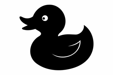 Black silhouette of a rubber duck isolated on a white background. Bath toy duck icon. Concept of minimalism, bath toy, simple design. Print, icon, logo, template, design element. Graphic art