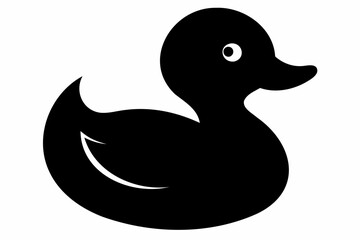 Black silhouette of a rubber duck isolated on a white background. Bath toy duck icon. Concept of minimalism, bath toy, simple design. Print, icon, logo, template, design element