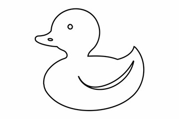 Black outline of a rubber duck isolated on a white background. Bath toy duck icon. Concept of minimalism, bath toy, simple design. Print, icon, logo, template, design element, coloring page