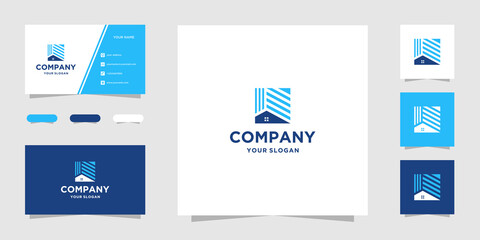 building with house blue color simple logo