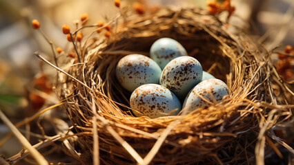 Fototapeta premium Bird Nest - Eggs, Nature, Microphotography, Close-up, Detailed, Magnified, High-Resolution, Professional, Focus