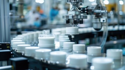 Obraz premium Jars being manufactured on an assembly line in a industrial setting, suitable for use as a background image or to illustrate a story about industry and manufacturing