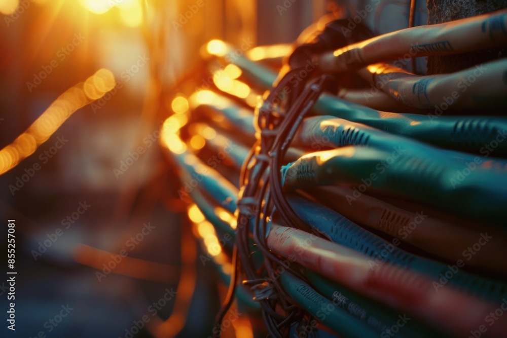 Aufkleber a close-up shot of a bunch of wires on a fence, ideal for use in still-life photography or as a back
