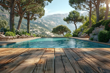 Obraz premium Blurred Costa brava background with a white table top for product display presentation, a luxurious swimming pool and pine trees at a luxury resort hotel in the Mediterranean.