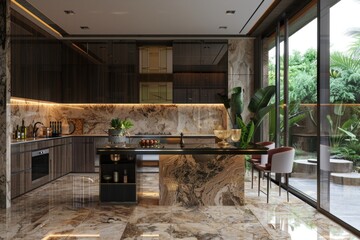 A modern kitchen with a marble countertop and a window view