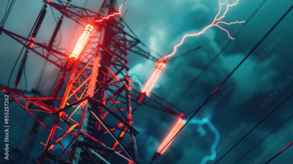 Poster A power pole with a lightning bolt emanating from it, suitable for use in images related to weather, electricity or safety