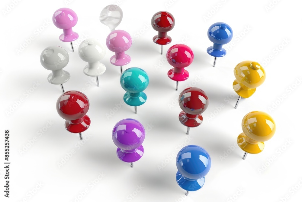 Poster A collection of vibrant push pins arranged on a clean and empty white surface, ideal for creative projects or DIY tasks