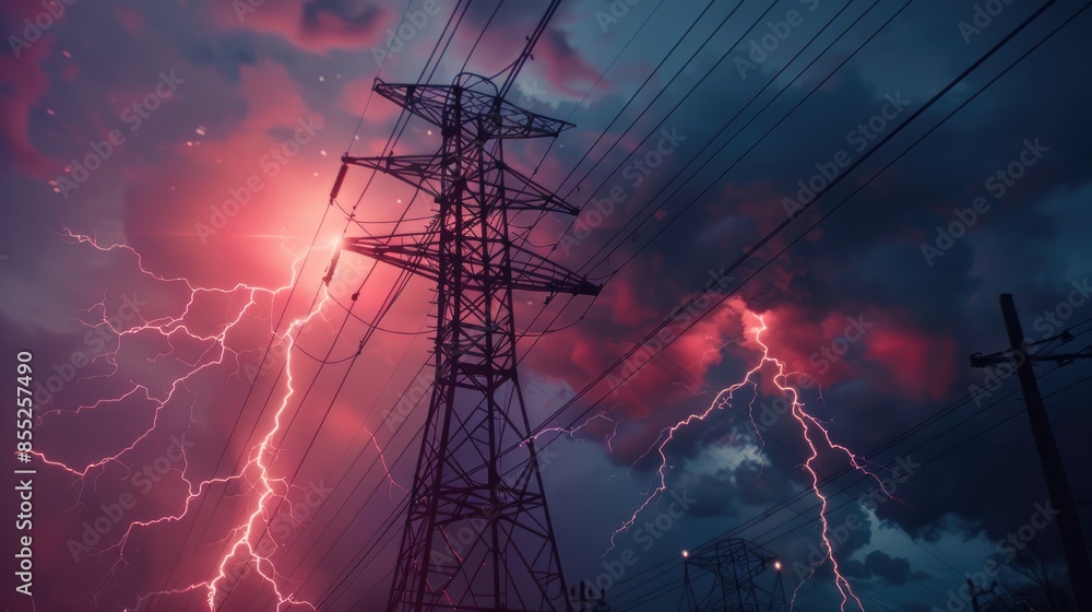 Poster Image of a power line with lightning storm in the background, ideal for use in weather or infrastructure-related contexts