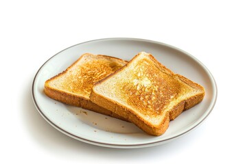 Two slices of toasted bread on a white plate, perfect for breakfast or brunch
