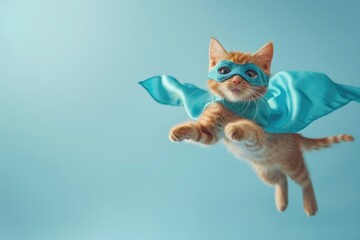 Obraz premium A feline dressed as a superhero in mid-air, showcasing agility and playfulness