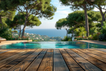 Fototapeta premium Blurred Costa brava background with a white table top for product display presentation, a luxurious swimming pool and pine trees at a luxury resort hotel in the Mediterranean.