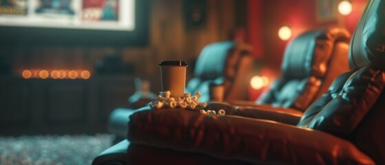 A person enjoying a movie night with popcorn in a comfortable theater seat.