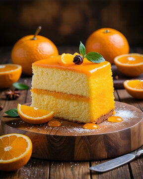 Pieza de tarta de bizcocho y naranja