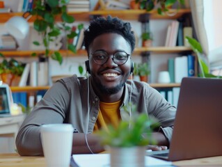 A person sitting at a desk with a laptop and headphones, focused on their work