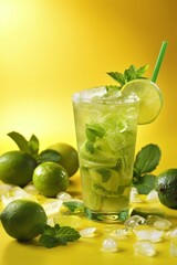 Fototapeta premium Summer ice cocktail with lime and mint on yellow background, ideal for hot weather