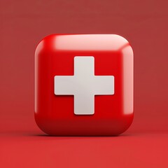 Obraz premium A 3D illustration of an ambulance icon featuring a white cross on a red background, symbolizing emergency medical services.