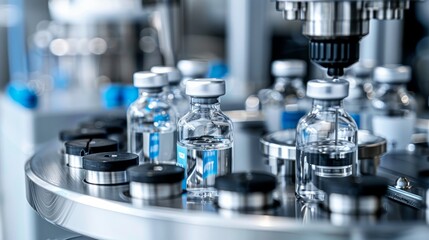 At the factory, medicine is being poured into transparent bottles

