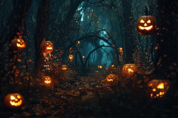 A dense forest filled with numerous carved pumpkins