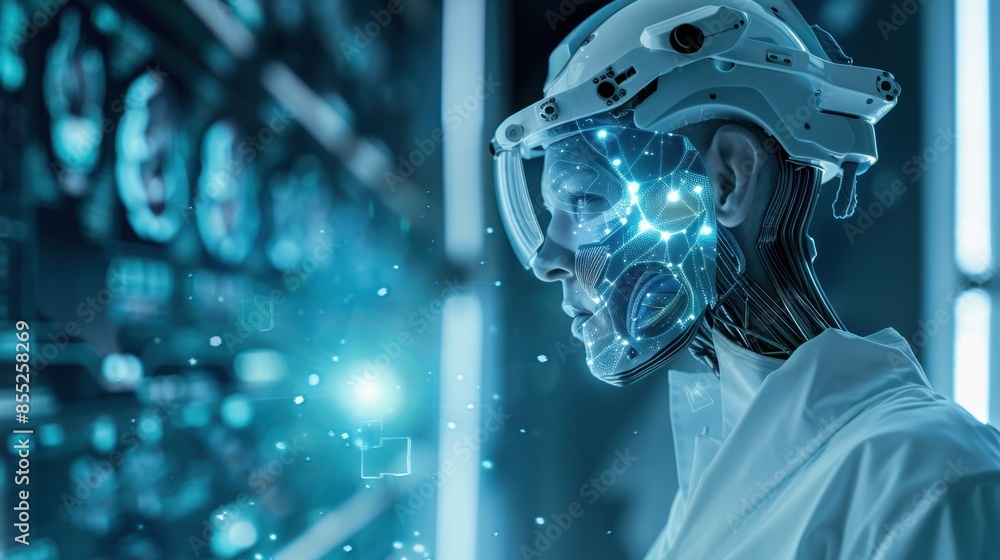 Poster a cyborg wearing a white lab coat and a helmet with a glowing neural network interface looks to the 